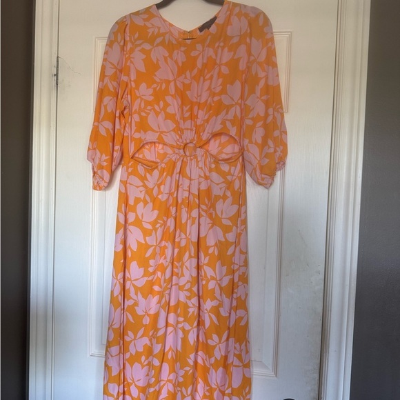 Orange and Pink Midi Dress with Bishop Sleeves - Picture 2 of 5
